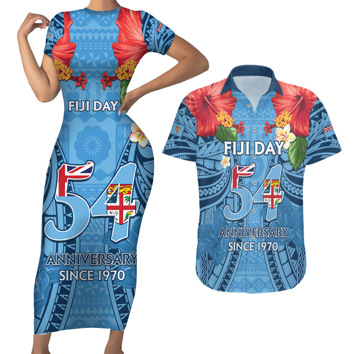 Fiji Day Couples Matching Short Sleeve Bodycon Dress and Hawaiian Shirt Happy 54 Years Of Independence Tapa Pattern Blue LT14 Blue - Polynesian Pride