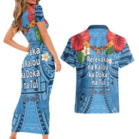 Fiji Day Couples Matching Short Sleeve Bodycon Dress and Hawaiian Shirt Happy 54 Years Of Independence Tapa Pattern Blue LT14 - Polynesian Pride