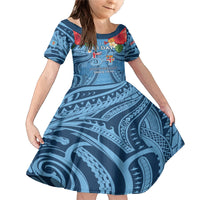 Fiji Day Family Matching Mermaid Dress and Hawaiian Shirt Happy 54 Years Of Independence Tapa Pattern Blue LT14 Daughter's Dress Blue - Polynesian Pride
