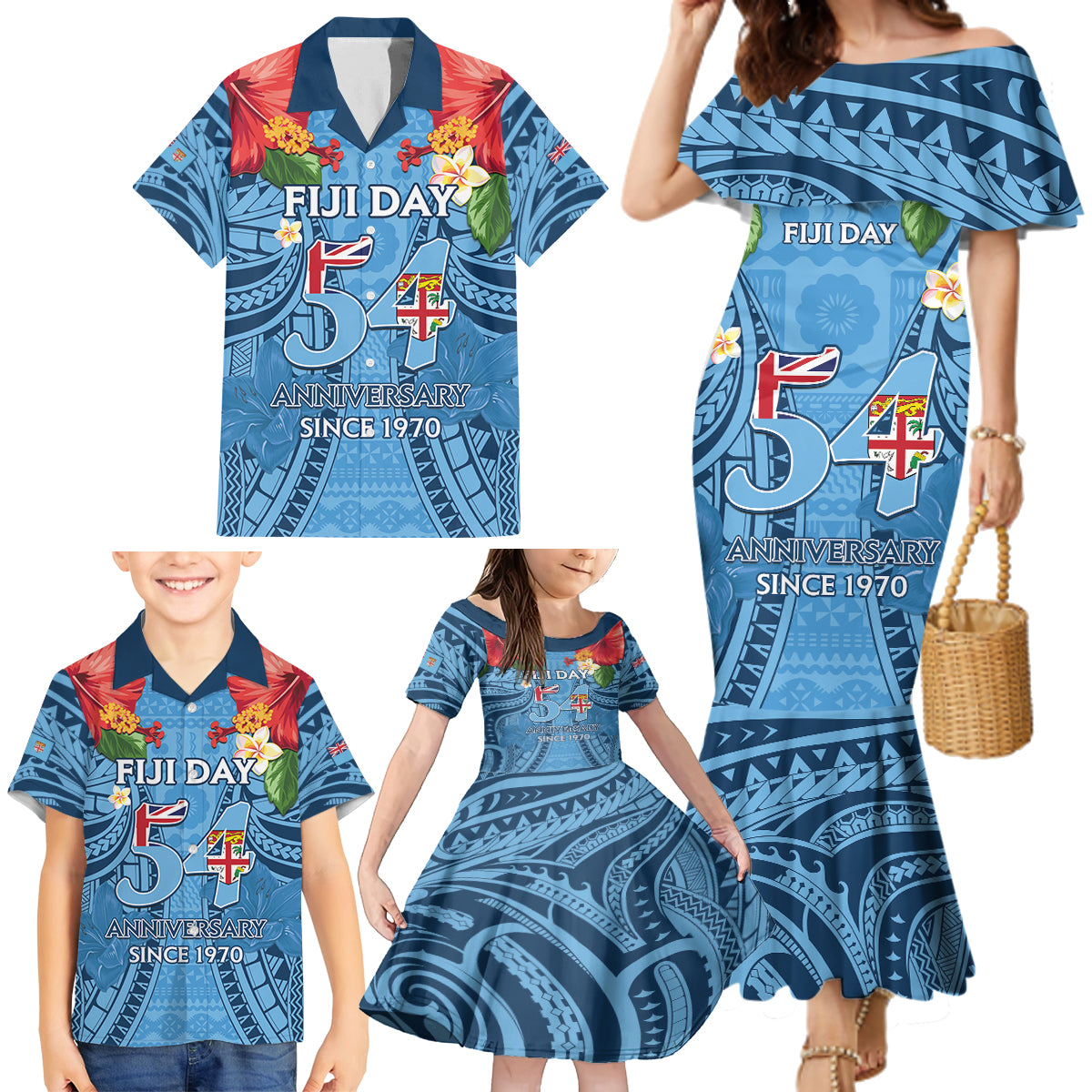 Fiji Day Family Matching Mermaid Dress and Hawaiian Shirt Happy 54 Years Of Independence Tapa Pattern Blue LT14 - Polynesian Pride