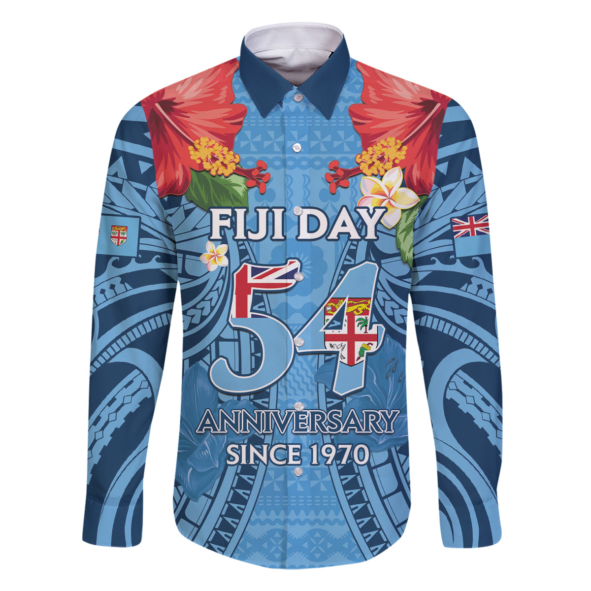 Fiji Day Family Matching Mermaid Dress and Hawaiian Shirt Happy 54 Years Of Independence Tapa Pattern Blue LT14 Dad's Shirt - Long Sleeve Blue - Polynesian Pride