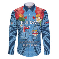 Fiji Day Family Matching Off The Shoulder Long Sleeve Dress and Hawaiian Shirt Happy 54 Years Of Independence Tapa Pattern Blue