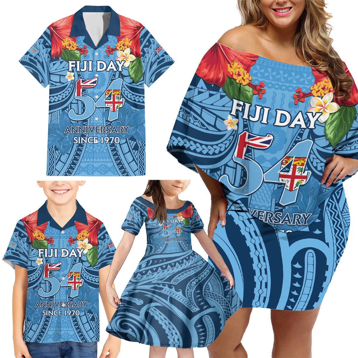 Fiji Day Family Matching Off Shoulder Short Dress and Hawaiian Shirt Happy 54 Years Of Independence Tapa Pattern Blue LT14 - Polynesian Pride