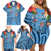 Fiji Day Family Matching Off Shoulder Short Dress and Hawaiian Shirt Happy 54 Years Of Independence Tapa Pattern Blue LT14 - Polynesian Pride