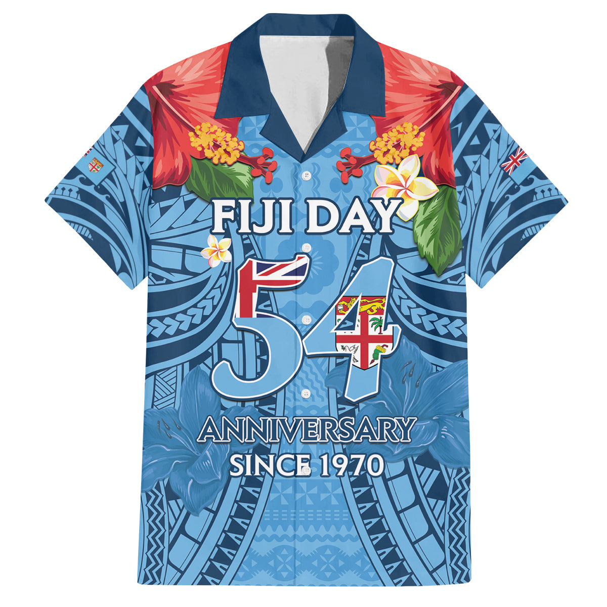 Fiji Day Family Matching Off Shoulder Short Dress and Hawaiian Shirt Happy 54 Years Of Independence Tapa Pattern Blue LT14 Dad's Shirt - Short Sleeve Blue - Polynesian Pride