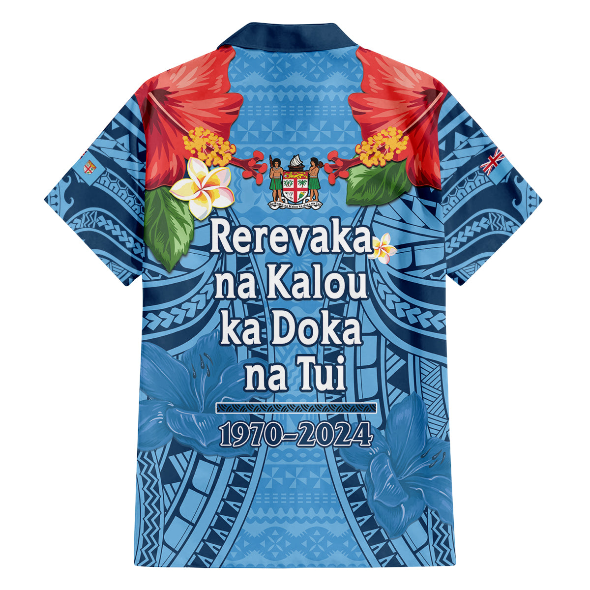 Fiji Day Family Matching Off Shoulder Short Dress and Hawaiian Shirt Happy 54 Years Of Independence Tapa Pattern Blue LT14 - Polynesian Pride