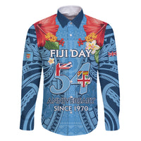 Fiji Day Family Matching Off Shoulder Short Dress and Hawaiian Shirt Happy 54 Years Of Independence Tapa Pattern Blue LT14 Dad's Shirt - Long Sleeve Blue - Polynesian Pride