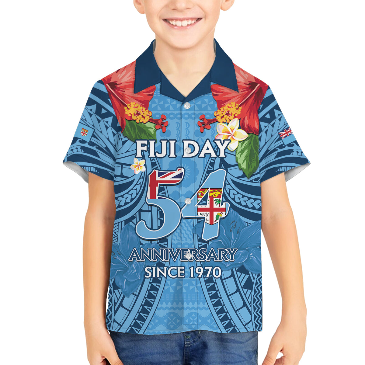 Fiji Day Family Matching Off Shoulder Short Dress and Hawaiian Shirt Happy 54 Years Of Independence Tapa Pattern Blue LT14 Son's Shirt Blue - Polynesian Pride