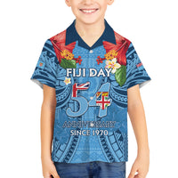 Fiji Day Family Matching Off Shoulder Short Dress and Hawaiian Shirt Happy 54 Years Of Independence Tapa Pattern Blue LT14 Son's Shirt Blue - Polynesian Pride