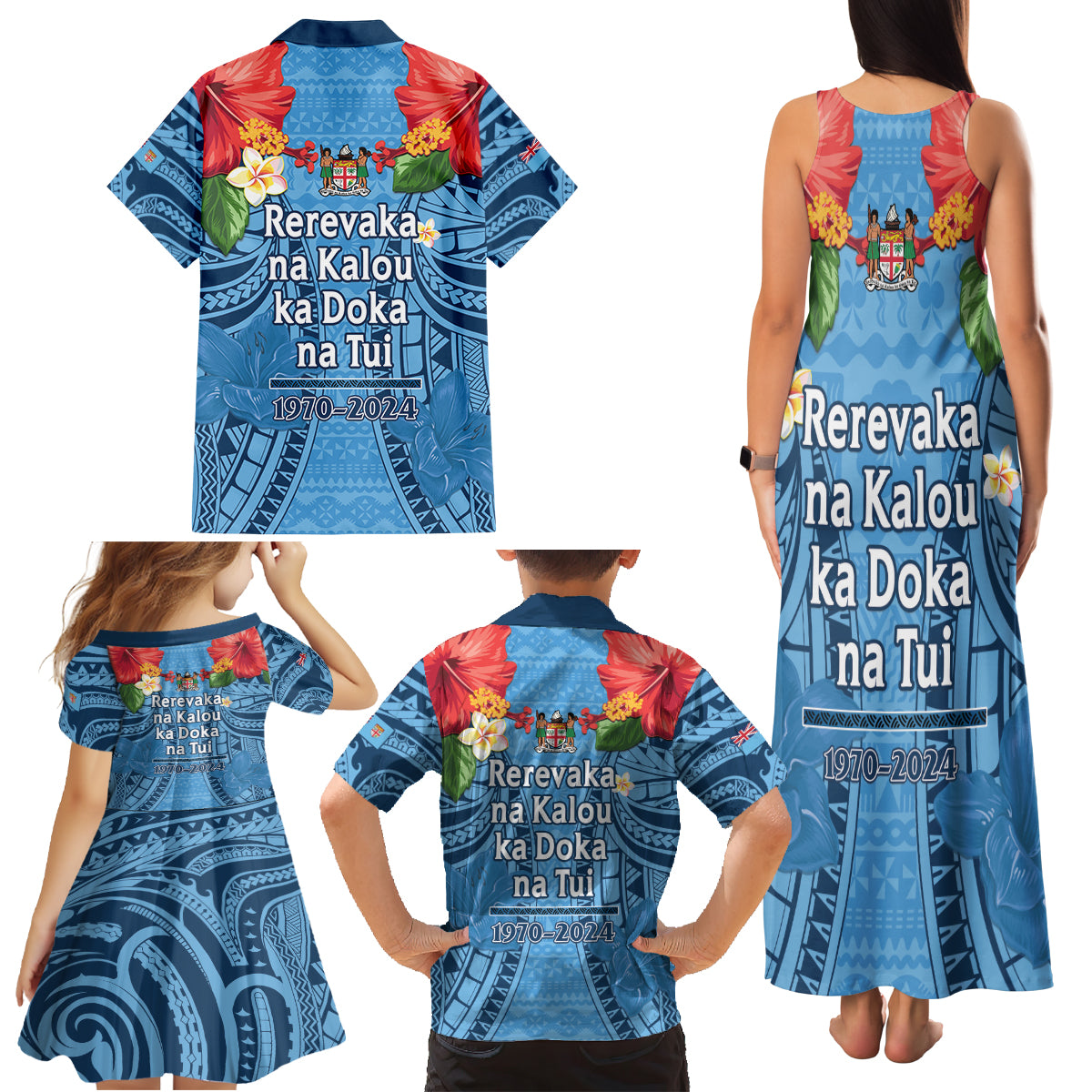 Fiji Day Family Matching Tank Maxi Dress and Hawaiian Shirt Happy 54 Years Of Independence Tapa Pattern Blue