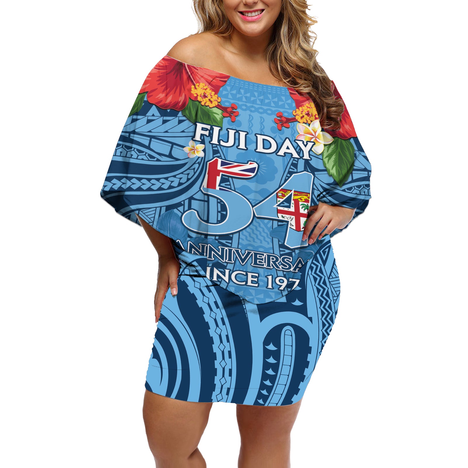 Fiji Day Off Shoulder Short Dress Happy 54 Years Of Independence Tapa Pattern Blue