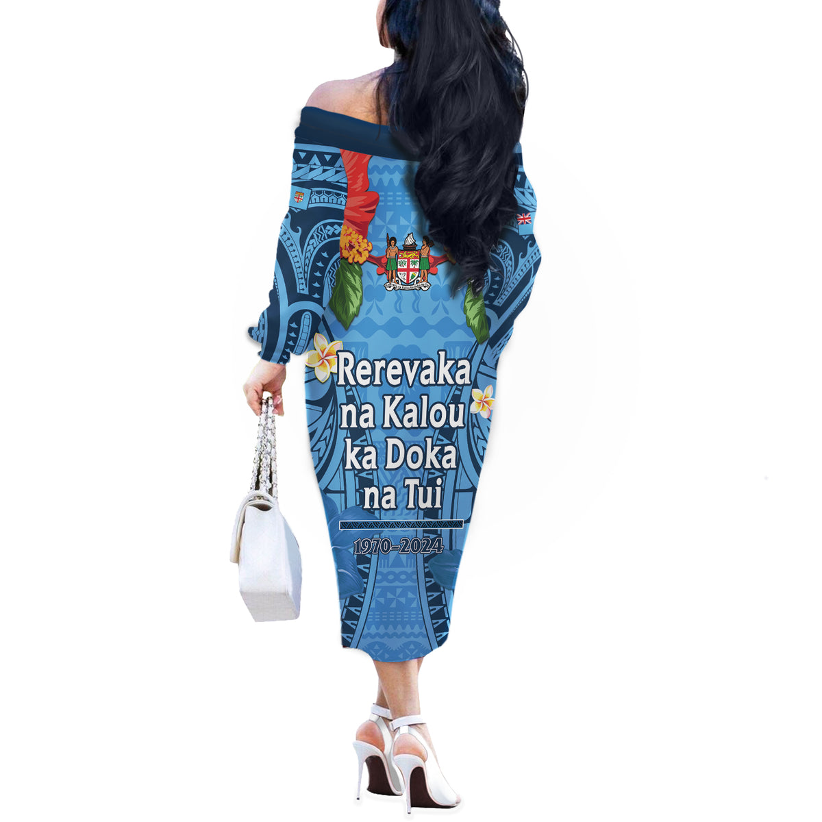 Fiji Day Off The Shoulder Long Sleeve Dress Happy 54 Years Of Independence Tapa Pattern Blue