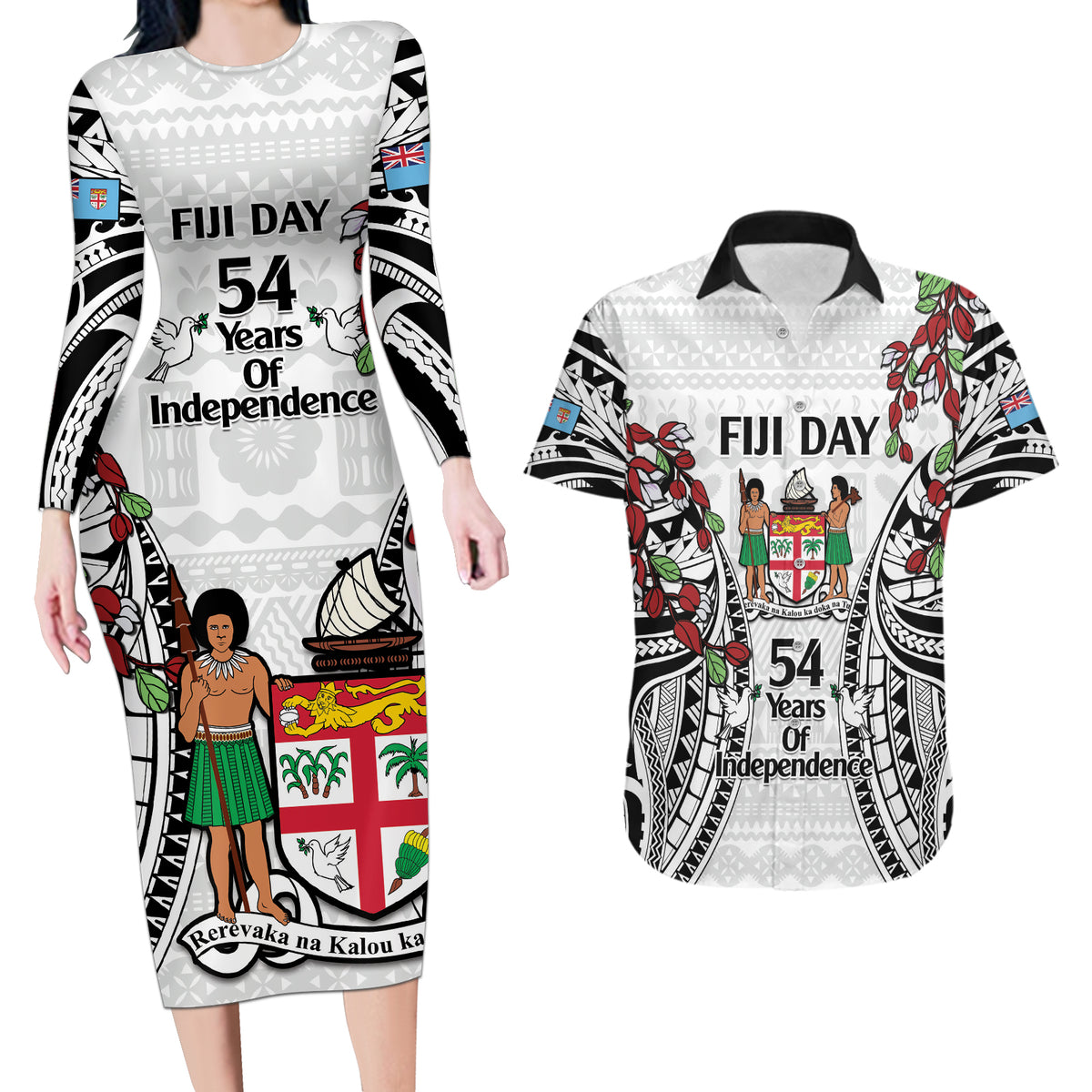 Fiji Day Couples Matching Long Sleeve Bodycon Dress and Hawaiian Shirt Happy 54 Years Of Independence Tapa Pattern White LT14 White - Polynesian Pride