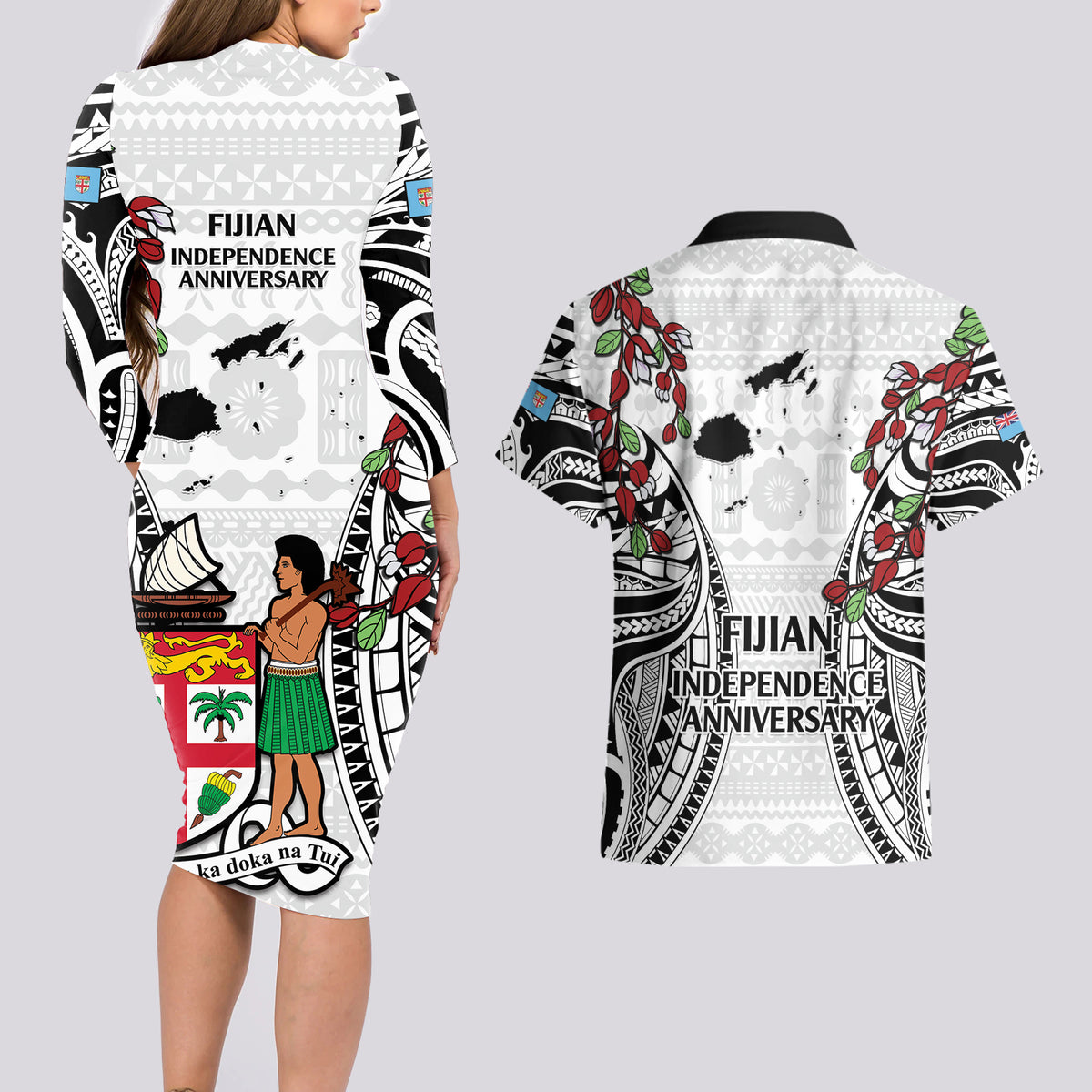 Fiji Day Couples Matching Long Sleeve Bodycon Dress and Hawaiian Shirt Happy 54 Years Of Independence Tapa Pattern White LT14 - Polynesian Pride