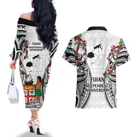 Fiji Day Couples Matching Off The Shoulder Long Sleeve Dress and Hawaiian Shirt Happy 54 Years Of Independence Tapa Pattern White