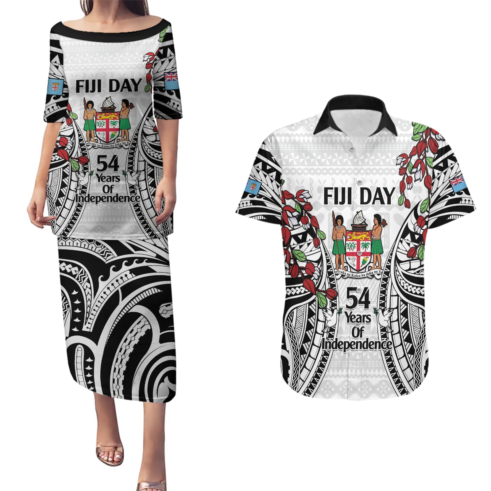 Fiji Day Couples Matching Puletasi and Hawaiian Shirt Happy 54 Years Of Independence Tapa Pattern White
