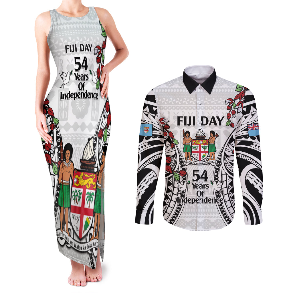 Fiji Day Couples Matching Tank Maxi Dress and Long Sleeve Button Shirt Happy 54 Years Of Independence Tapa Pattern White