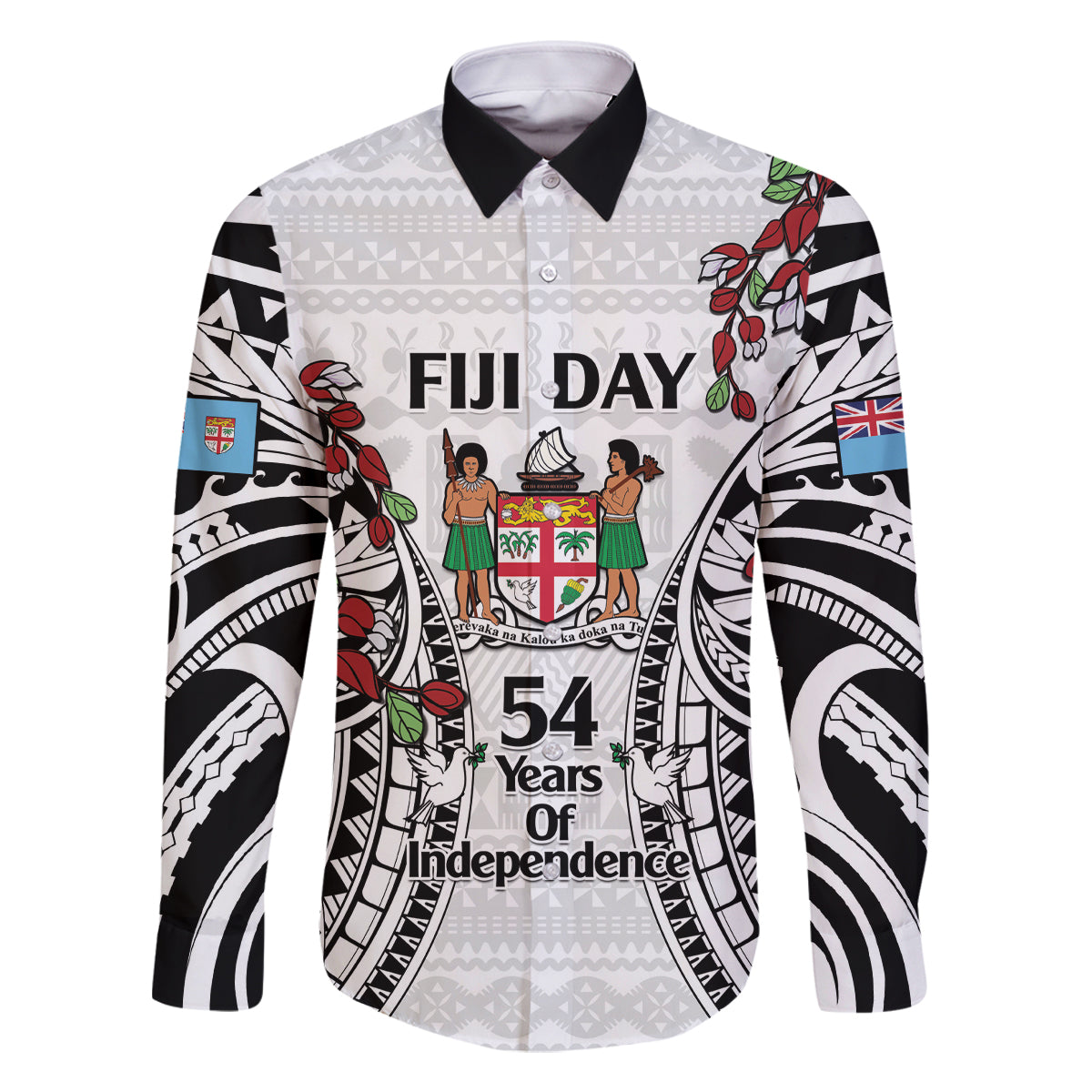 Fiji Day Family Matching Mermaid Dress and Hawaiian Shirt Happy 54 Years Of Independence Tapa Pattern White LT14 Dad's Shirt - Long Sleeve White - Polynesian Pride