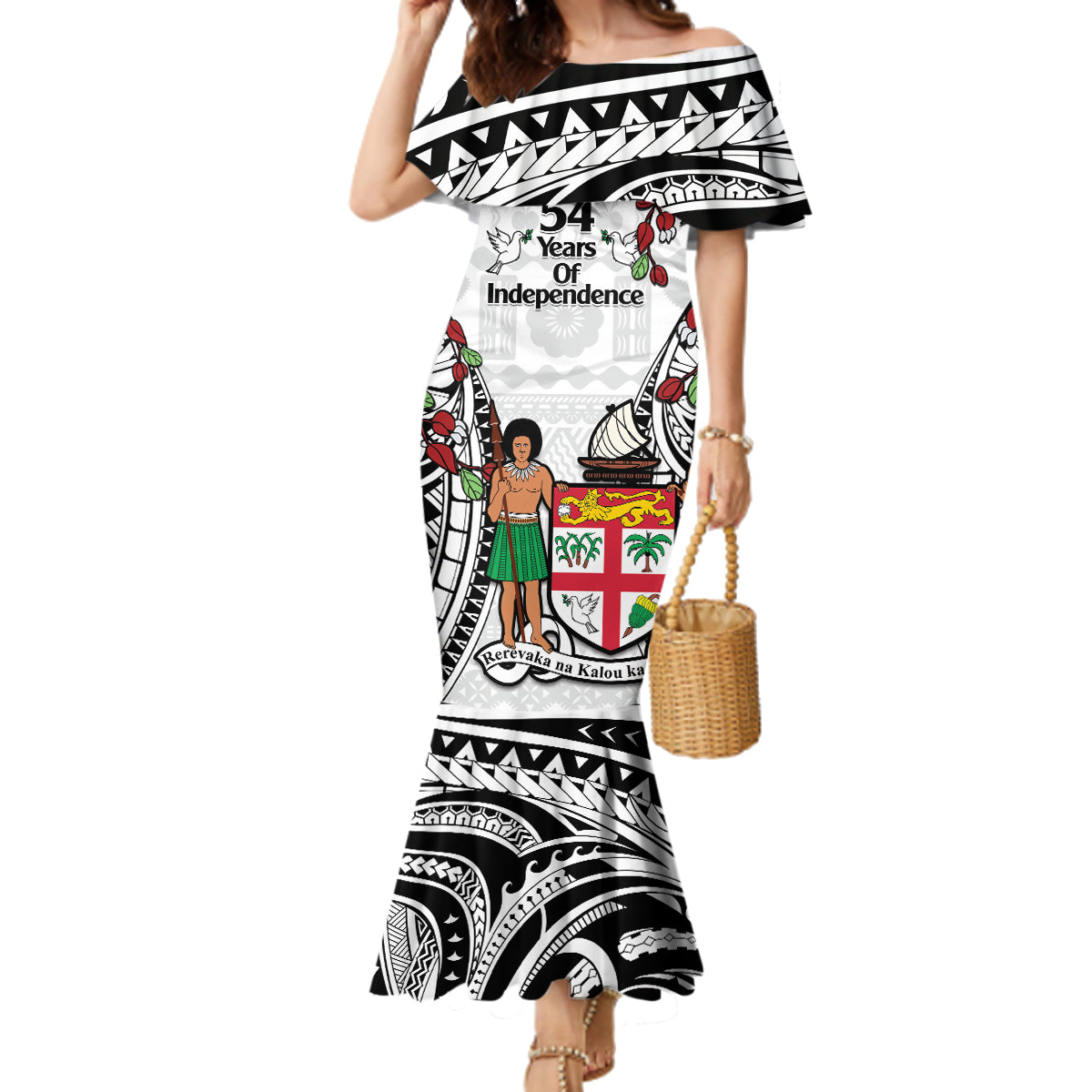 Fiji Day Family Matching Mermaid Dress and Hawaiian Shirt Happy 54 Years Of Independence Tapa Pattern White LT14 Mom's Dress White - Polynesian Pride