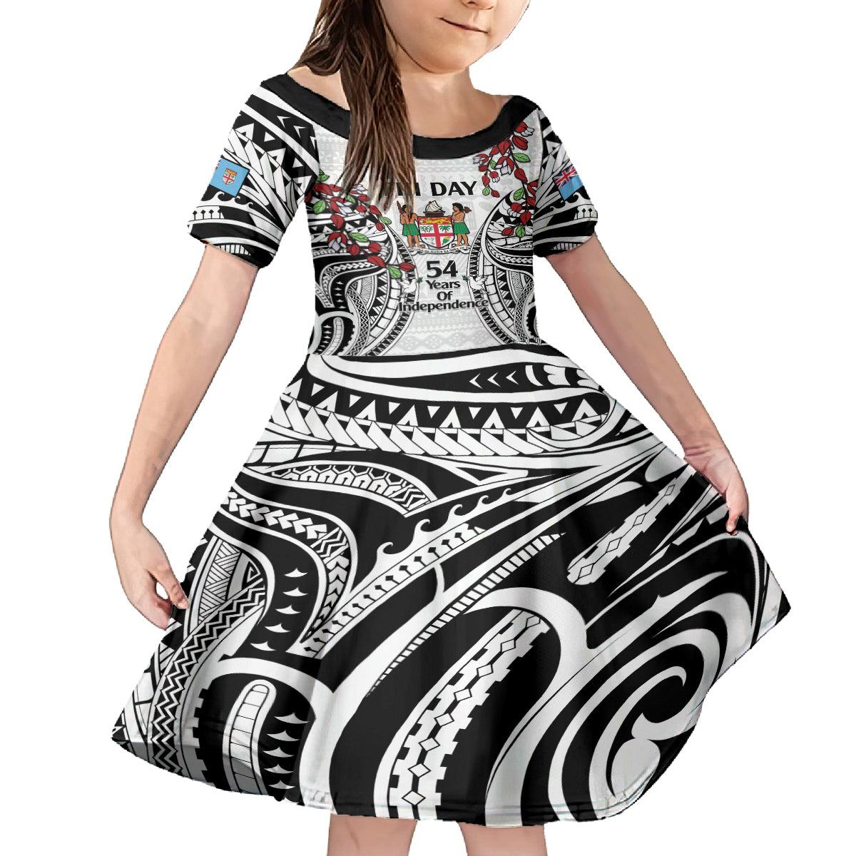 Fiji Day Family Matching Off Shoulder Short Dress and Hawaiian Shirt Happy 54 Years Of Independence Tapa Pattern White LT14 Daughter's Dress White - Polynesian Pride