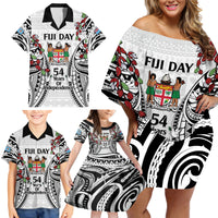 Fiji Day Family Matching Off Shoulder Short Dress and Hawaiian Shirt Happy 54 Years Of Independence Tapa Pattern White LT14 - Polynesian Pride