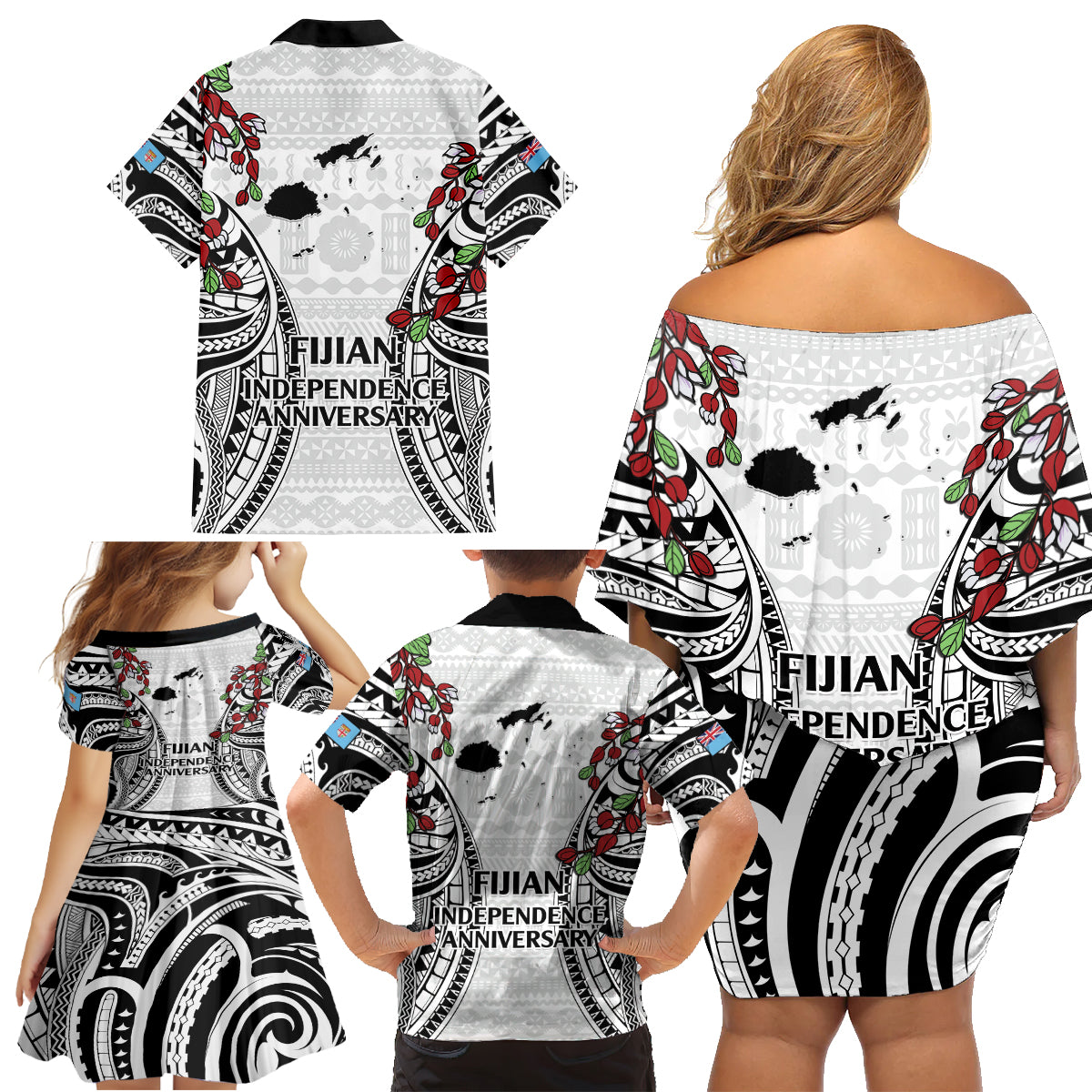 Fiji Day Family Matching Off Shoulder Short Dress and Hawaiian Shirt Happy 54 Years Of Independence Tapa Pattern White LT14 - Polynesian Pride