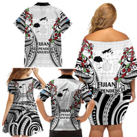 Fiji Day Family Matching Off Shoulder Short Dress and Hawaiian Shirt Happy 54 Years Of Independence Tapa Pattern White LT14 - Polynesian Pride
