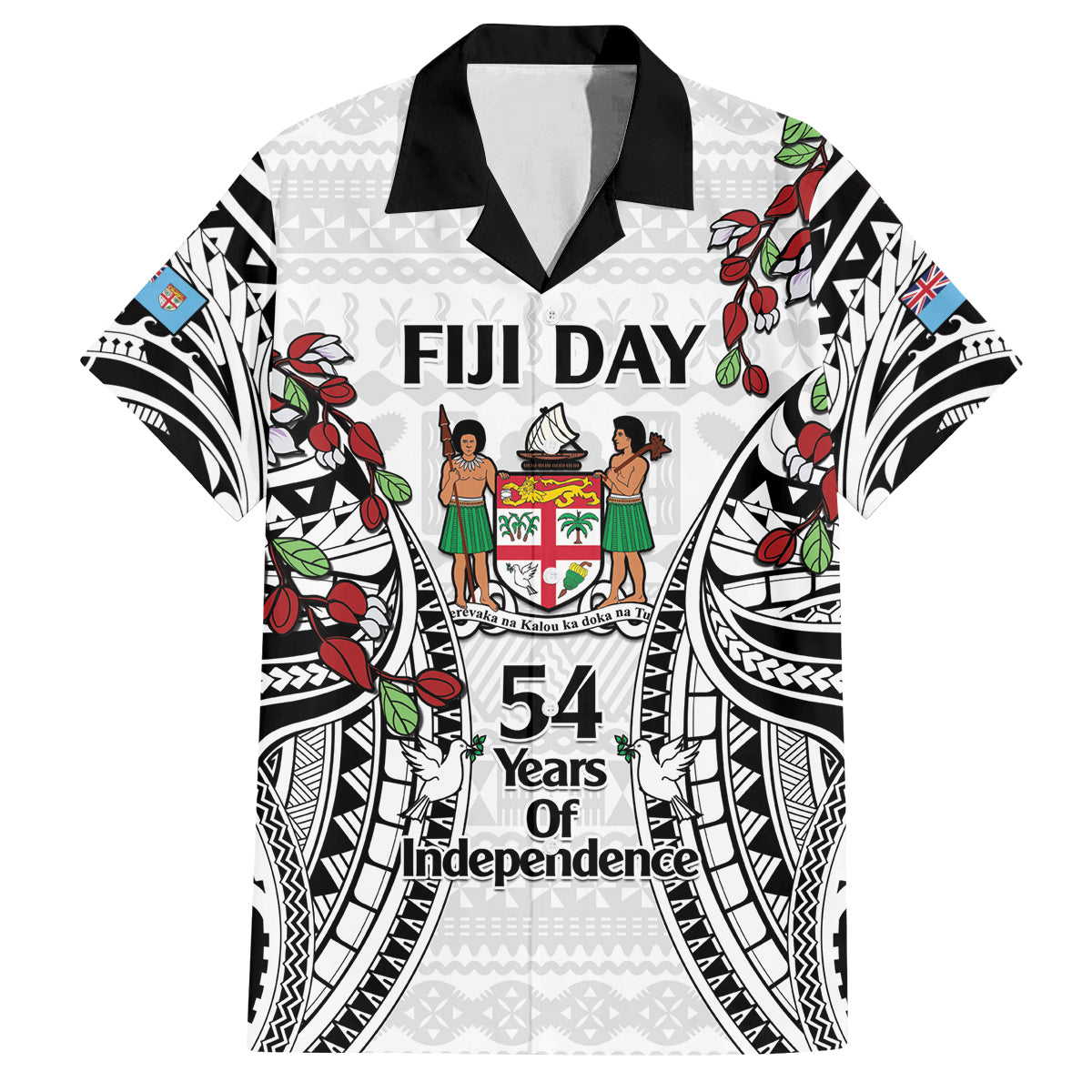Fiji Day Family Matching Off Shoulder Short Dress and Hawaiian Shirt Happy 54 Years Of Independence Tapa Pattern White LT14 Dad's Shirt - Short Sleeve White - Polynesian Pride