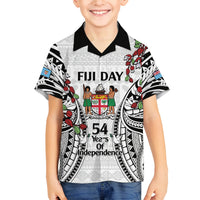 Fiji Day Family Matching Off Shoulder Short Dress and Hawaiian Shirt Happy 54 Years Of Independence Tapa Pattern White LT14 Son's Shirt White - Polynesian Pride