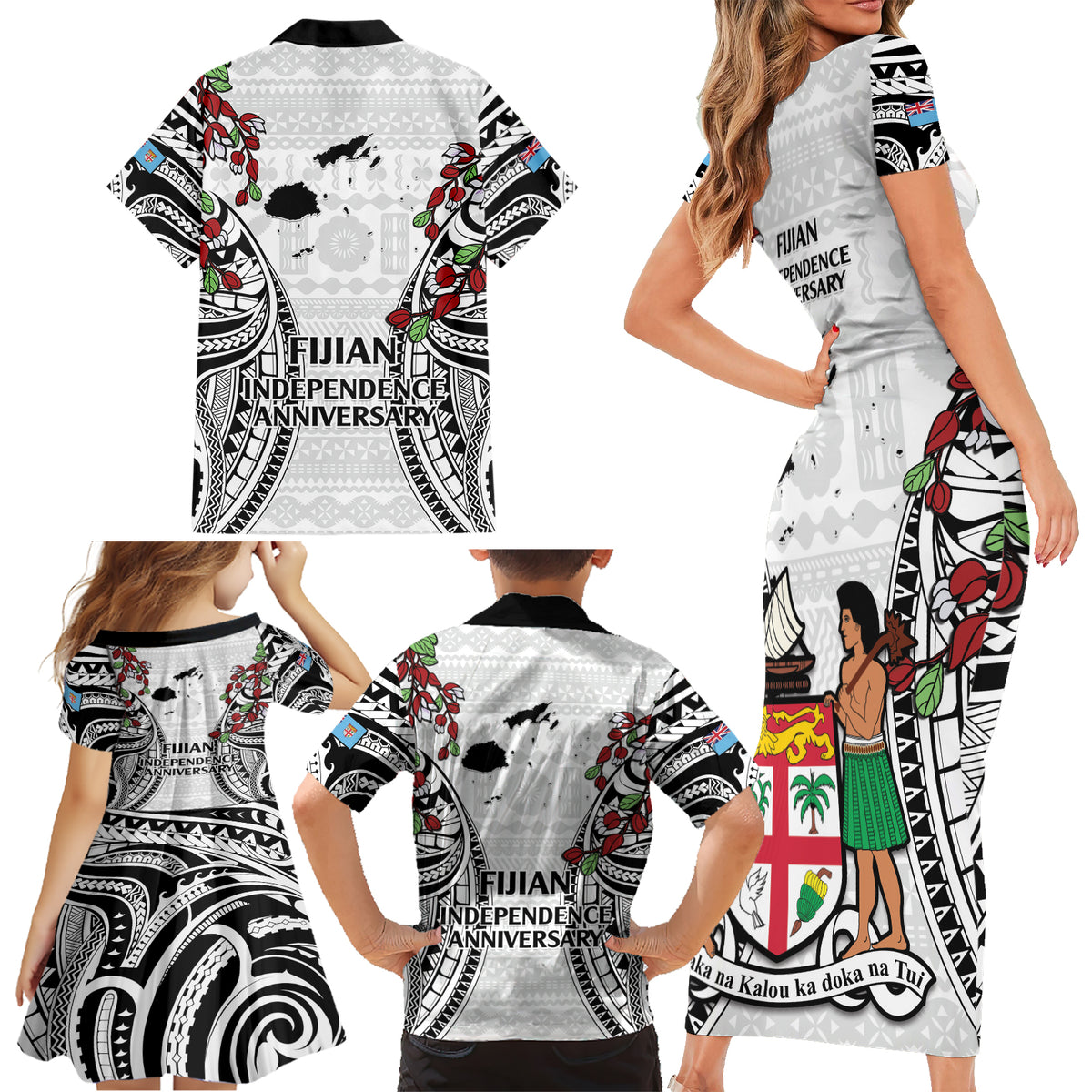 Fiji Day Family Matching Short Sleeve Bodycon Dress and Hawaiian Shirt Happy 54 Years Of Independence Tapa Pattern White