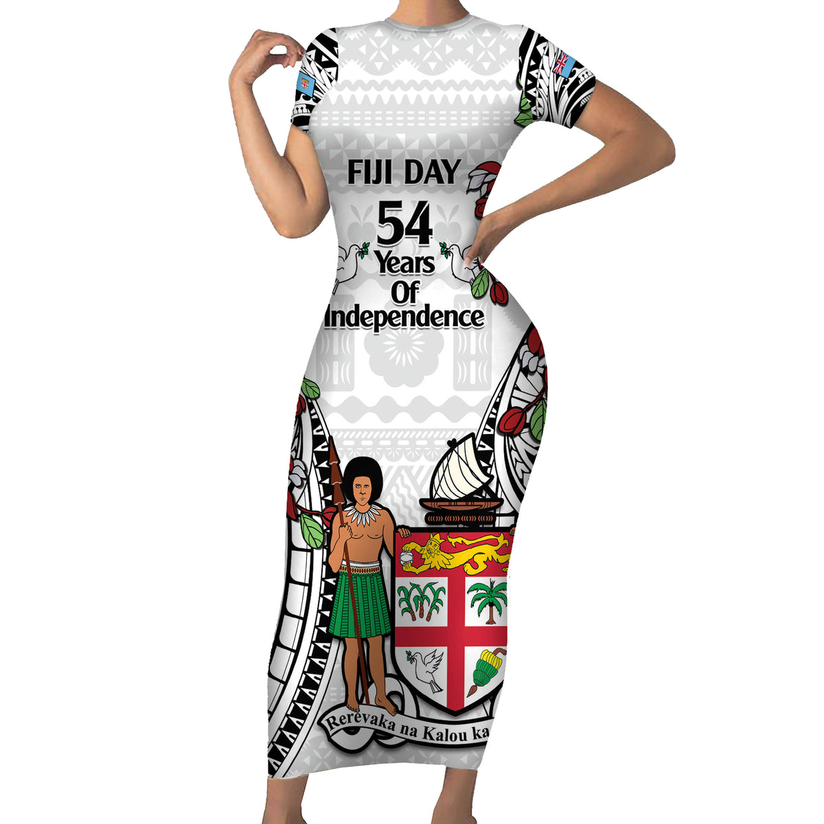Fiji Day Family Matching Short Sleeve Bodycon Dress and Hawaiian Shirt Happy 54 Years Of Independence Tapa Pattern White
