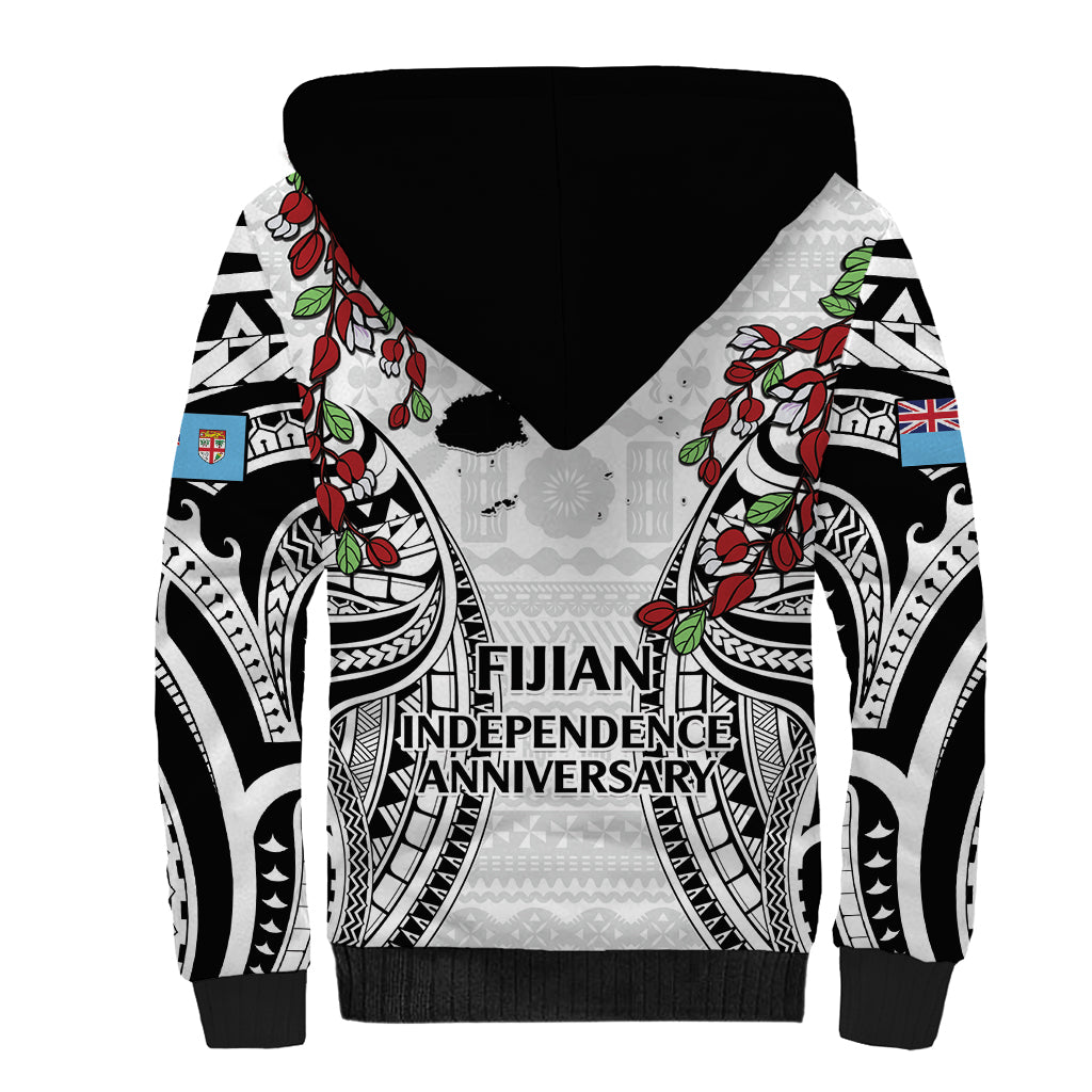 Fiji Day Sherpa Hoodie Happy 54 Years Of Independence Tapa Pattern White