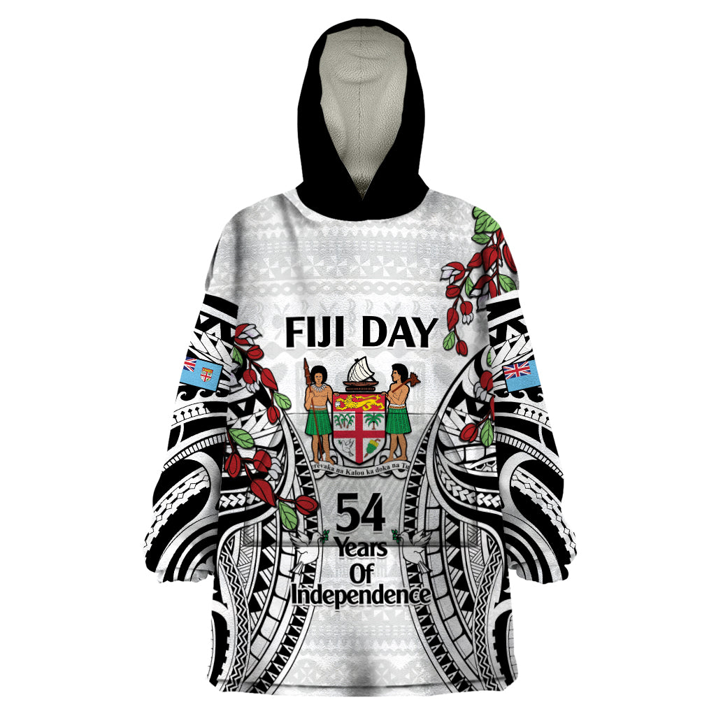 Fiji Day Wearable Blanket Hoodie Happy 54 Years Of Independence Tapa Pattern White