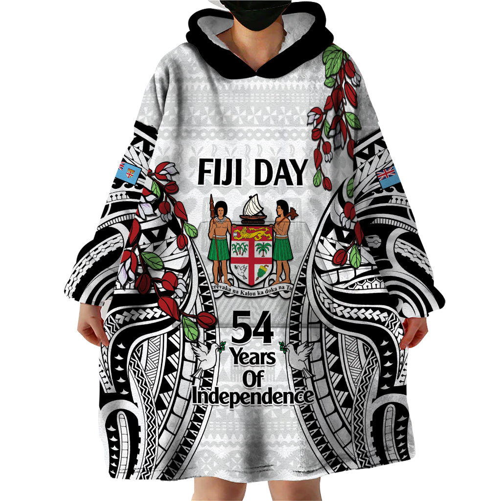 Fiji Day Wearable Blanket Hoodie Happy 54 Years Of Independence Tapa Pattern White