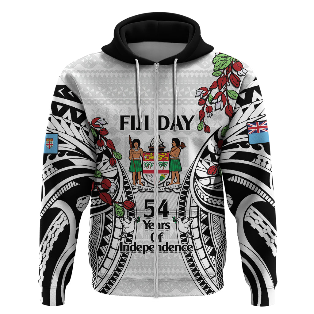Fiji Day Zip Hoodie Happy 54 Years Of Independence Tapa Pattern White