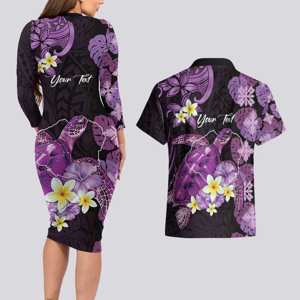 Personalised Aloha Hawaii Kauai Island Couples Matching Long Sleeve Bodycon Dress and Hawaiian Shirt Garden Isle Map Sea Turtle Plumeria