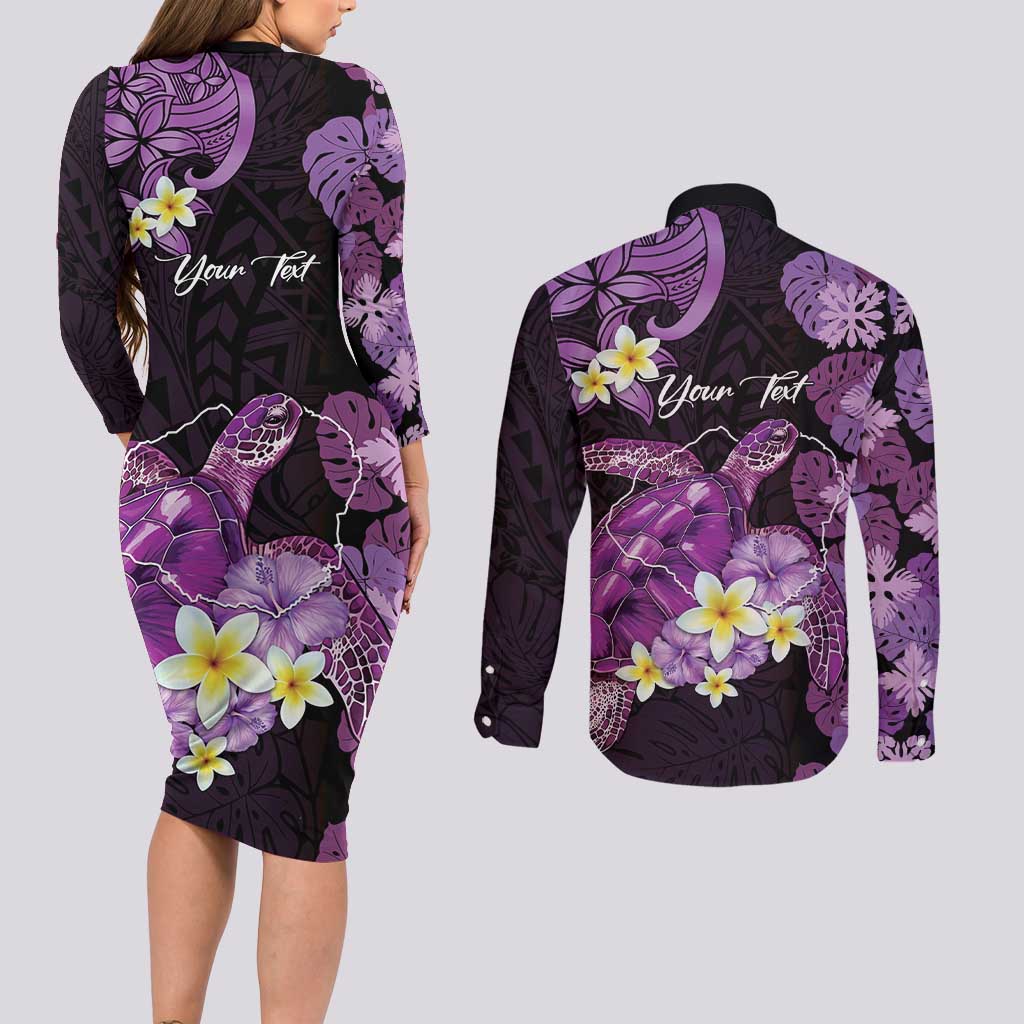 Personalised Aloha Hawaii Kauai Island Couples Matching Long Sleeve Bodycon Dress and Long Sleeve Button Shirt Garden Isle Map Sea Turtle Plumeria