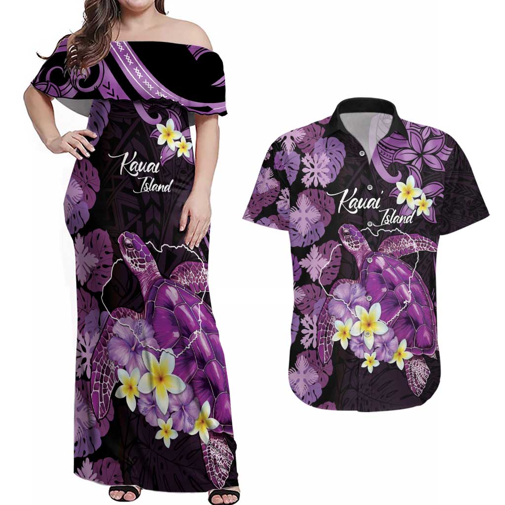 Personalised Aloha Hawaii Kauai Island Couples Matching Off Shoulder Maxi Dress and Hawaiian Shirt Garden Isle Map Sea Turtle Plumeria