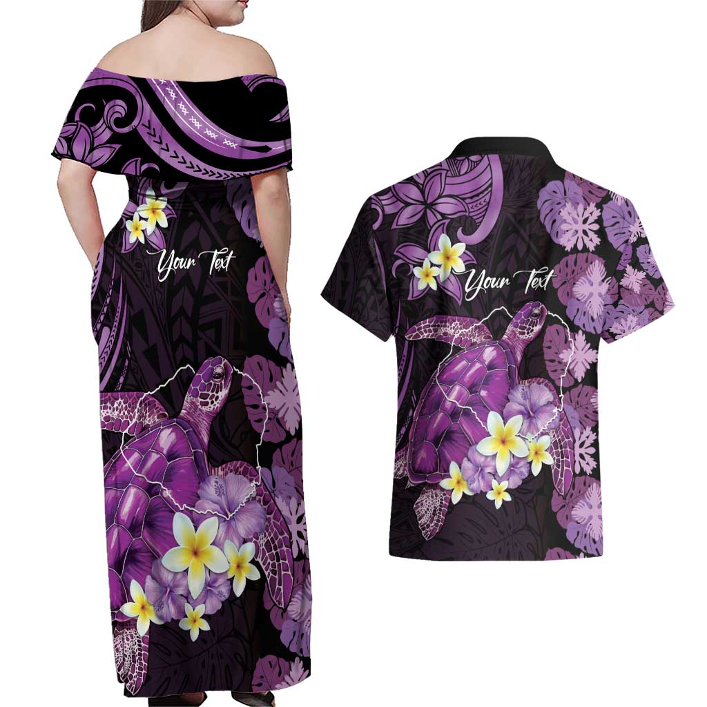 Personalised Aloha Hawaii Kauai Island Couples Matching Off Shoulder Maxi Dress and Hawaiian Shirt Garden Isle Map Sea Turtle Plumeria
