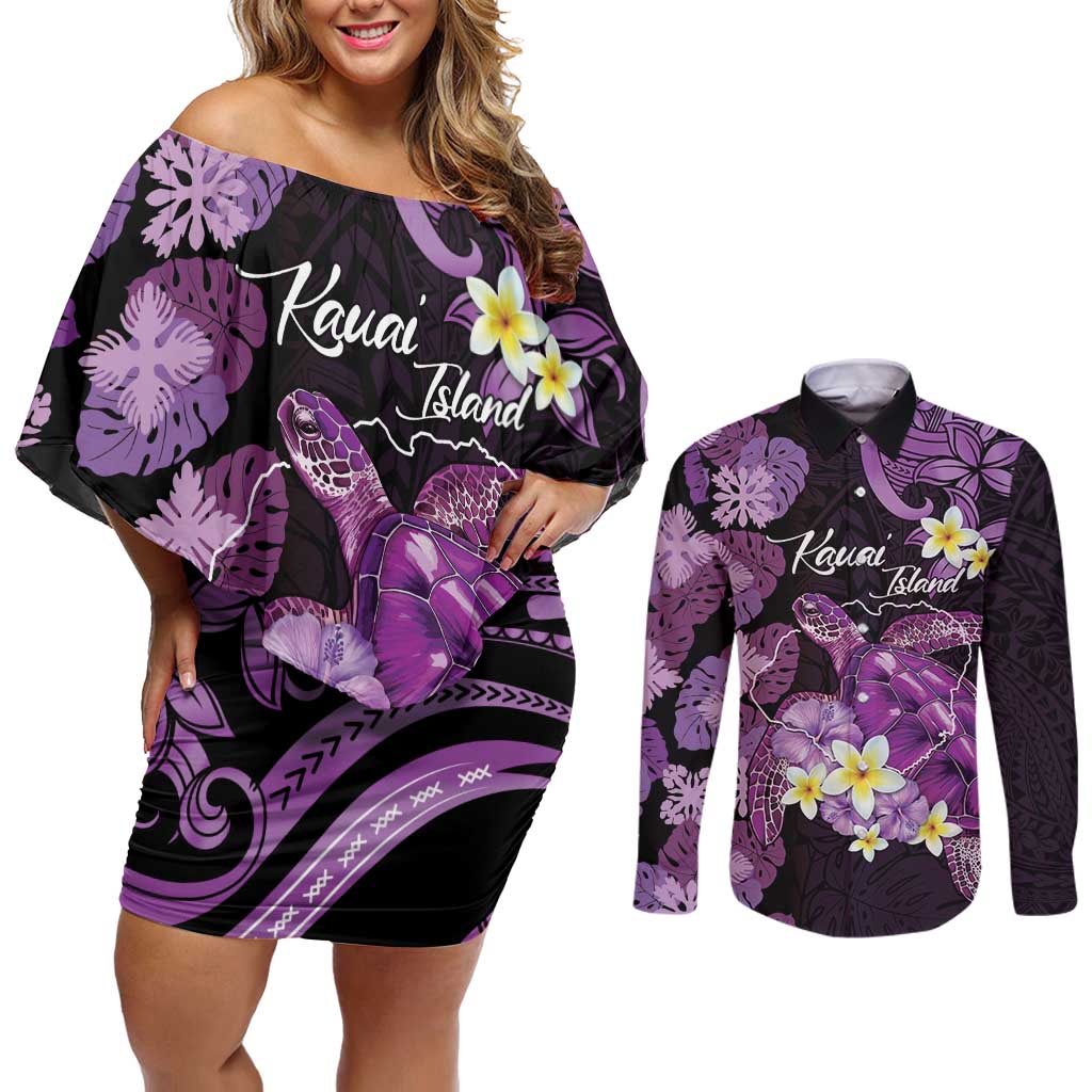 Personalised Aloha Hawaii Kauai Island Couples Matching Off Shoulder Short Dress and Long Sleeve Button Shirt Garden Isle Map Sea Turtle Plumeria