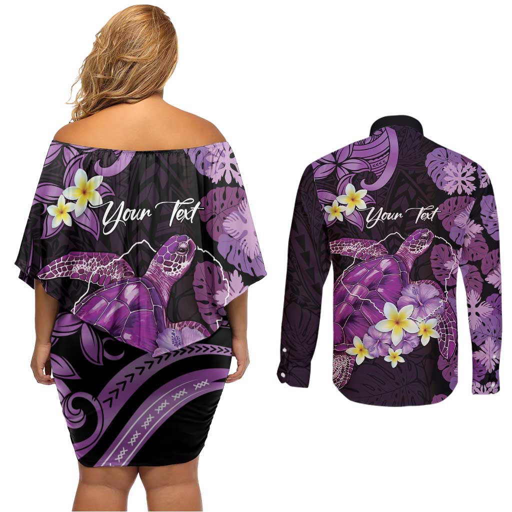 Personalised Aloha Hawaii Kauai Island Couples Matching Off Shoulder Short Dress and Long Sleeve Button Shirt Garden Isle Map Sea Turtle Plumeria