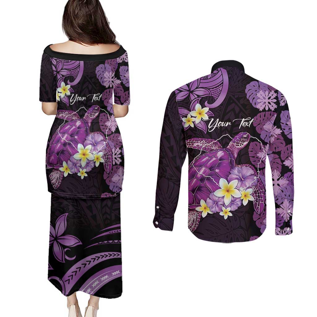 Personalised Aloha Hawaii Kauai Island Couples Matching Puletasi and Long Sleeve Button Shirt Garden Isle Map Sea Turtle Plumeria