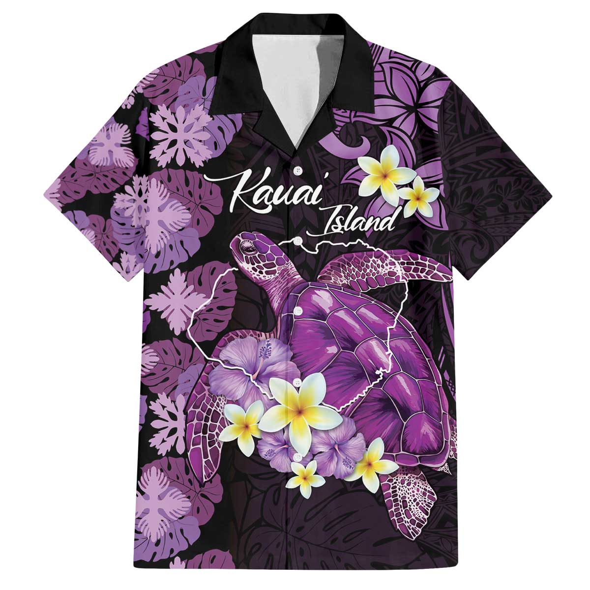 Personalised Aloha Hawaii Kauai Island Family Matching Off The Shoulder Long Sleeve Dress and Hawaiian Shirt Garden Isle Map Sea Turtle Plumeria