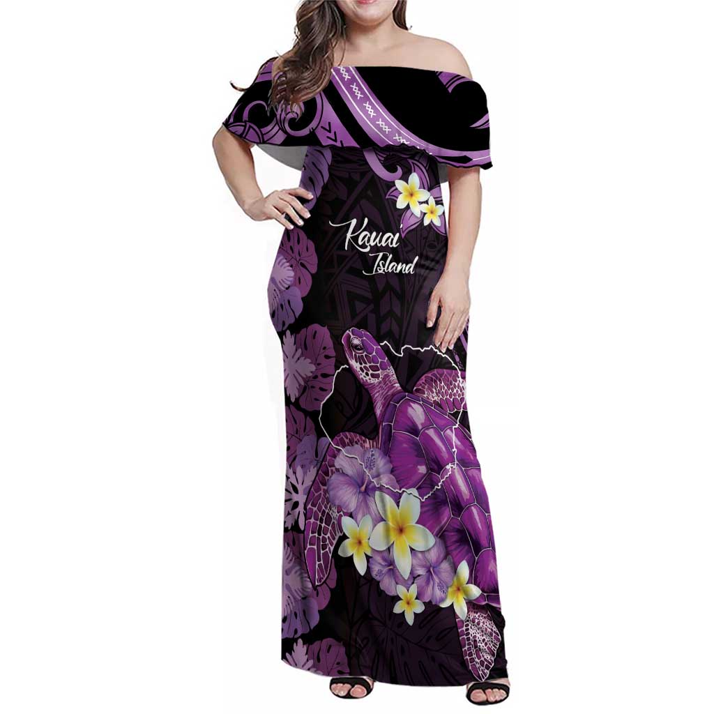 Personalised Aloha Hawaii Kauai Island Family Matching Off Shoulder Maxi Dress and Hawaiian Shirt Garden Isle Map Sea Turtle Plumeria