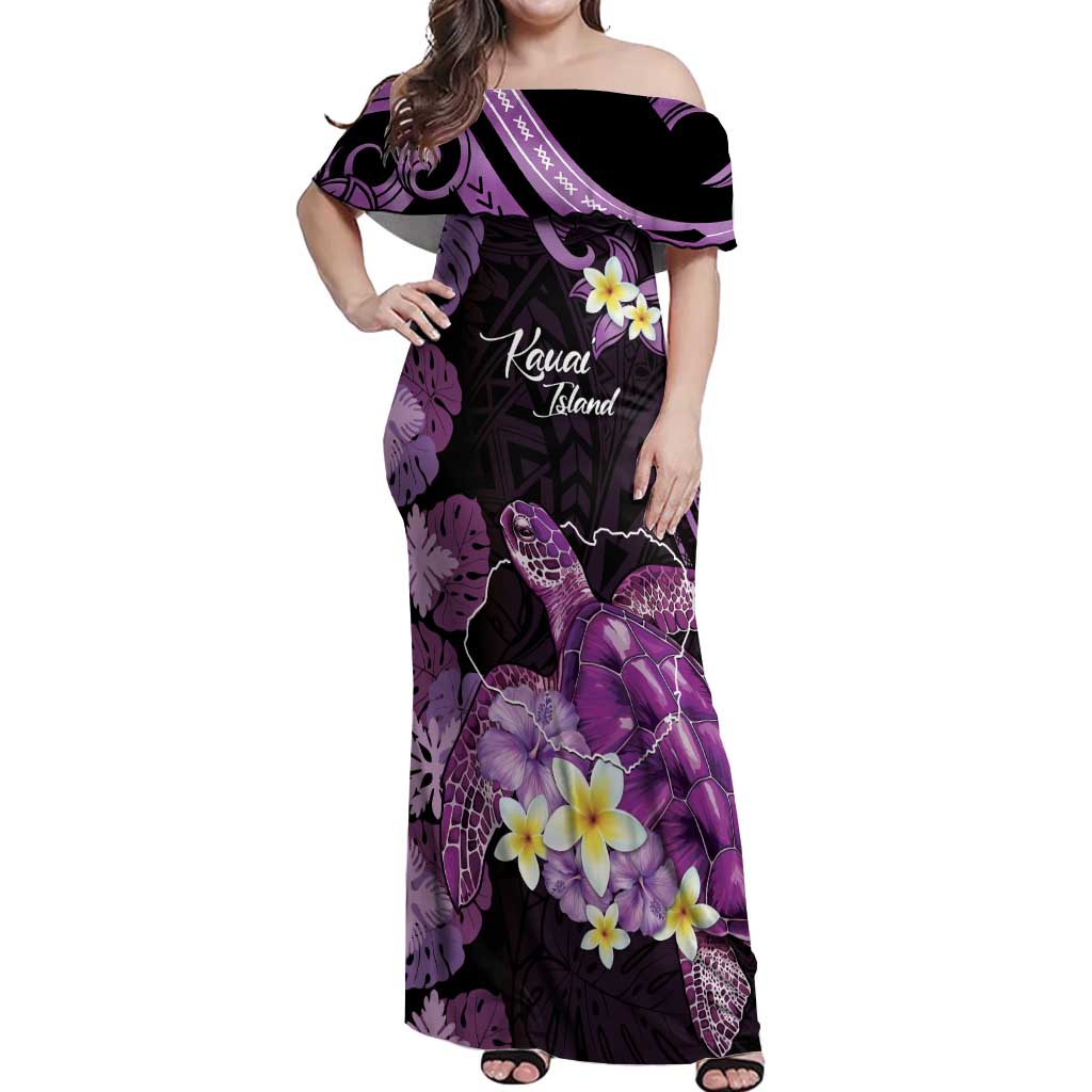 Personalised Aloha Hawaii Kauai Island Off Shoulder Maxi Dress Garden Isle Map Sea Turtle Plumeria