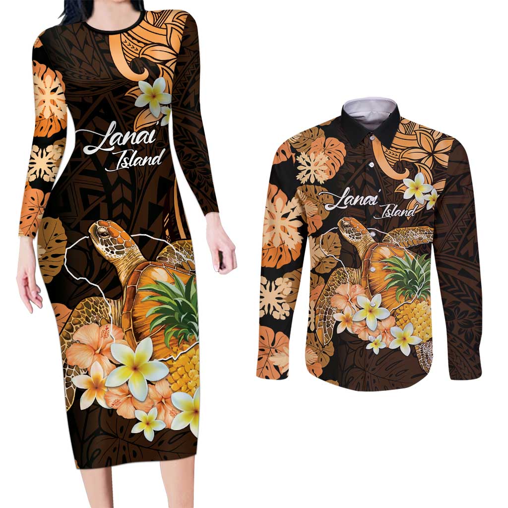 Personalised Aloha Hawaii Lanai Island Couples Matching Long Sleeve Bodycon Dress and Long Sleeve Button Shirt Pineapple Isle Map Sea Turtle Plumeria