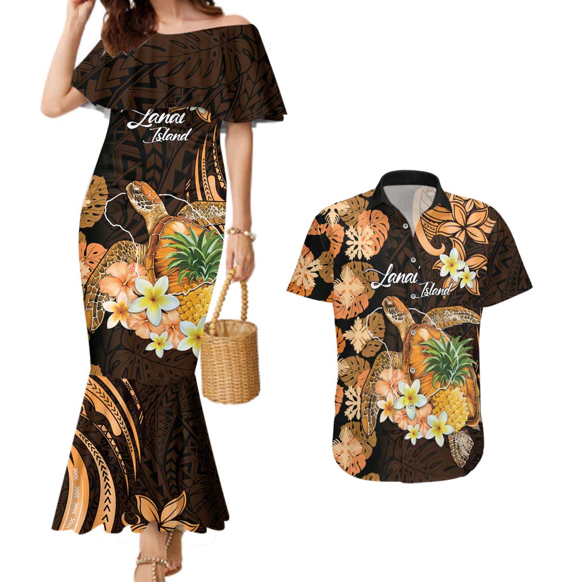 Personalised Aloha Hawaii Lanai Island Couples Matching Mermaid Dress and Hawaiian Shirt Pineapple Isle Map Sea Turtle Plumeria