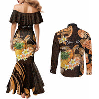 Personalised Aloha Hawaii Lanai Island Couples Matching Mermaid Dress and Long Sleeve Button Shirt Pineapple Isle Map Sea Turtle Plumeria