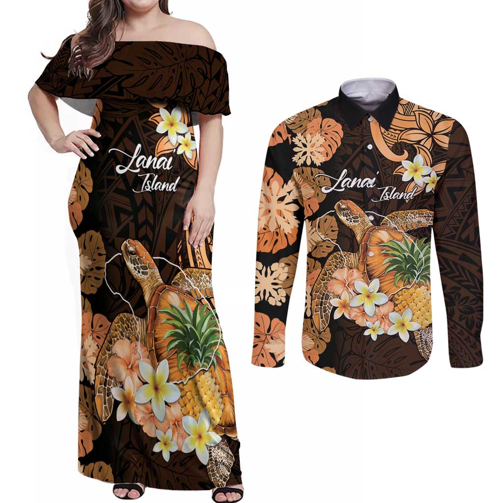 Personalised Aloha Hawaii Lanai Island Couples Matching Off Shoulder Maxi Dress and Long Sleeve Button Shirt Pineapple Isle Map Sea Turtle Plumeria