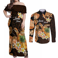 Personalised Aloha Hawaii Lanai Island Couples Matching Off Shoulder Maxi Dress and Long Sleeve Button Shirt Pineapple Isle Map Sea Turtle Plumeria